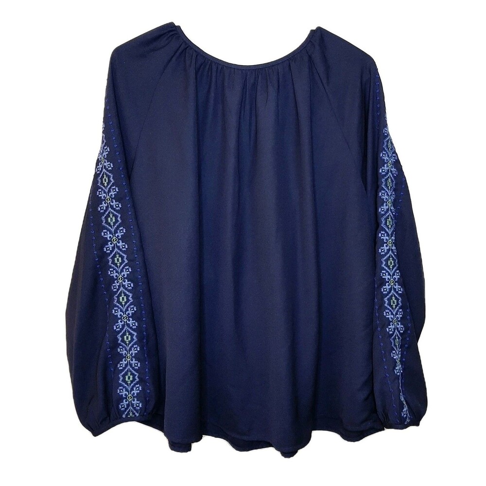 GAP Blouse Navy Blue Women Size XXL Peasant Embroidered Split Neck Long Sleeve - Picture 8 of 10